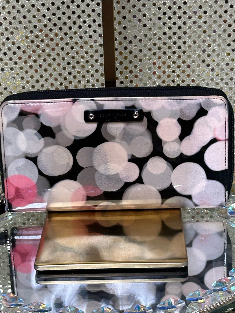 kate spade Vintage black wallet w/pink and blush bubble print Approx. 7 x 4